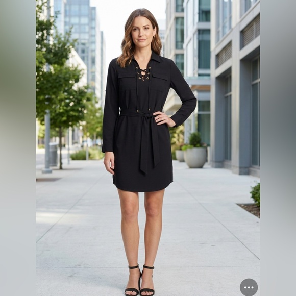 Calvin Klein Dresses & Skirts - CALVIN KLEIN Women’s Size 6 Black Shirt Dress Roll Tab Sleeve Belted Lace Up